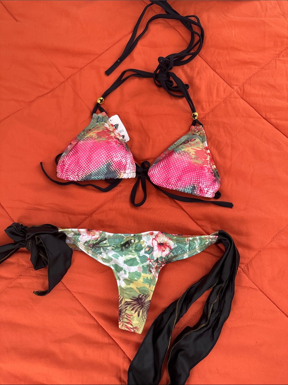 Tropical/Floral Tie-String thong Bikini Set -